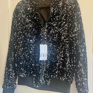 Zara Black Sequin NWT Bomber Style Jacket Medium